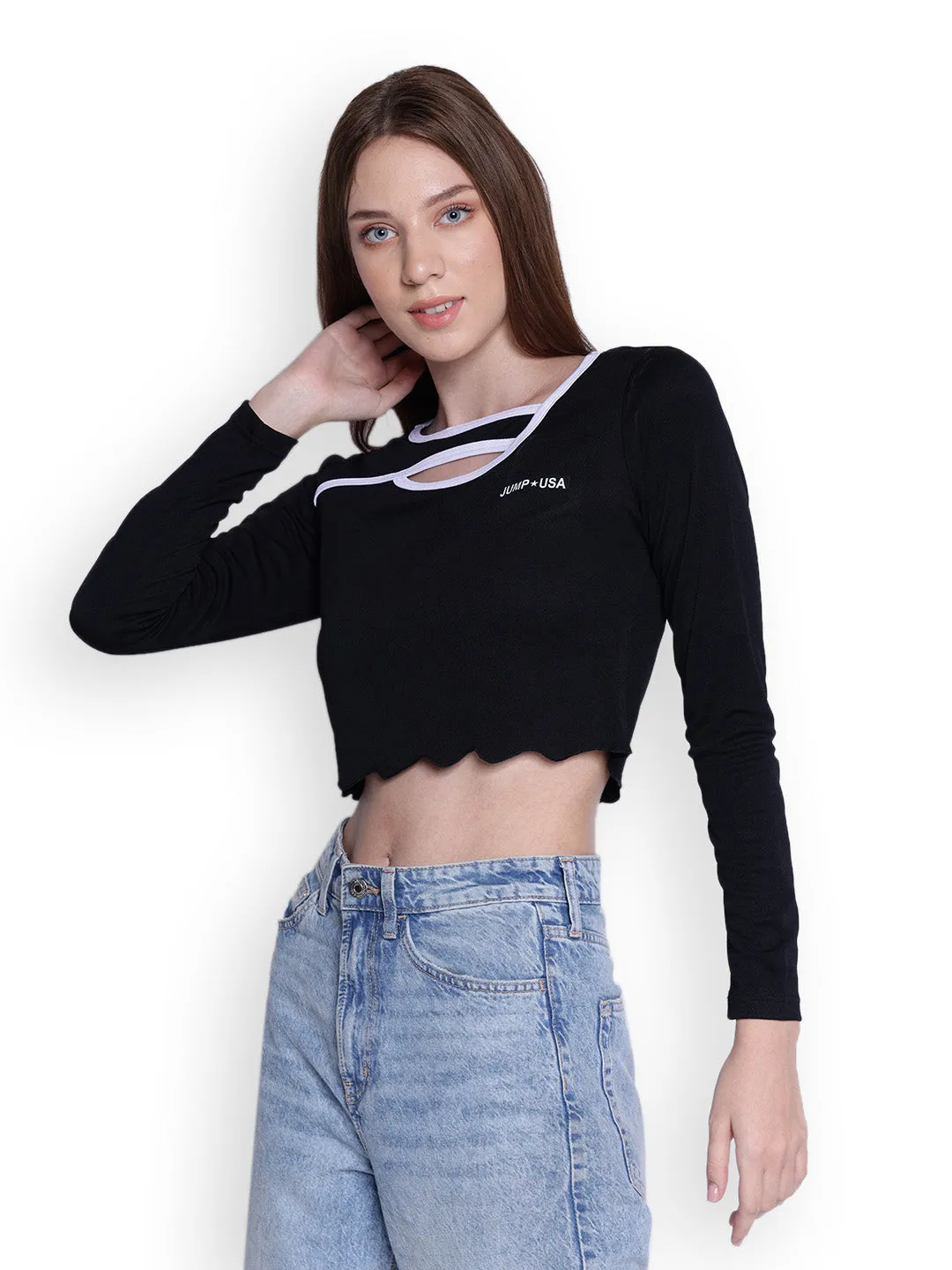 JUMP USA Womens Black Solid Asymmetric Neck Crop Tops