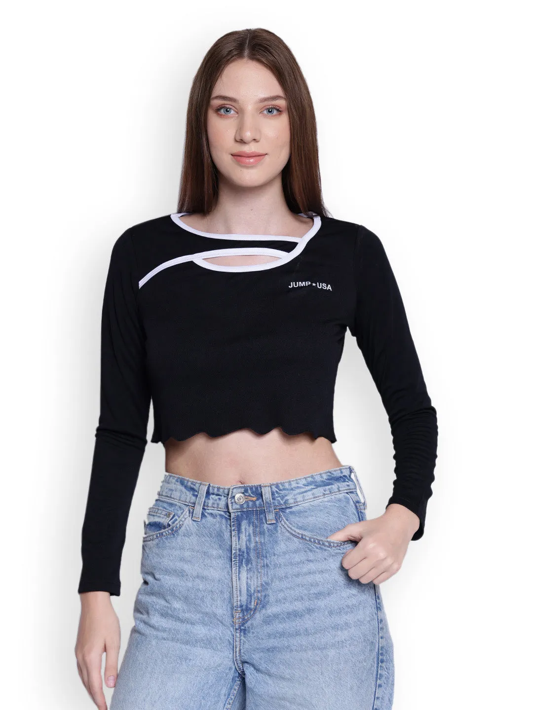 JUMP USA Womens Black Solid Asymmetric Neck Crop Tops