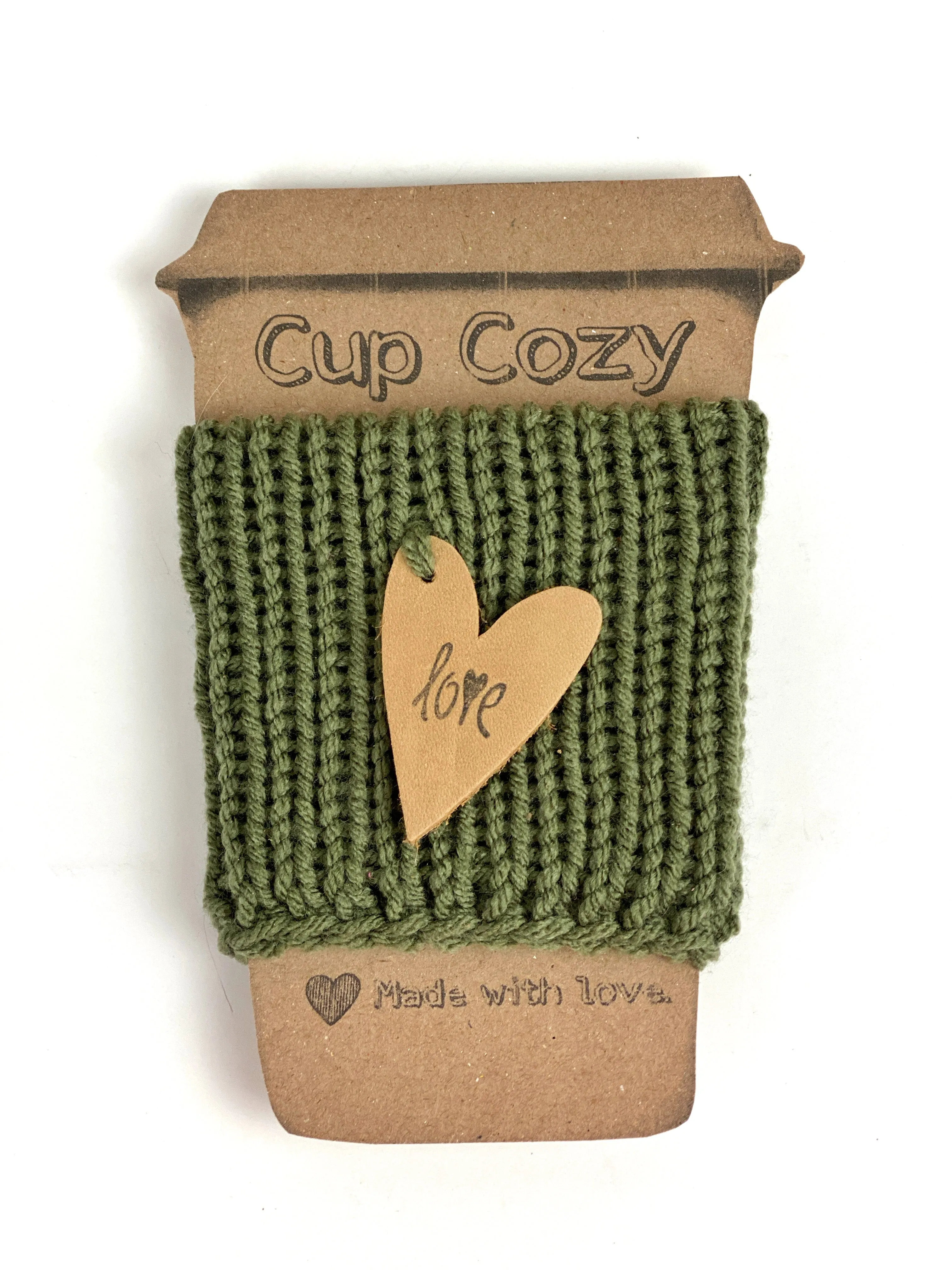 Knit Coffee Cup Cozy Sleeve Leather Love Heart Charm