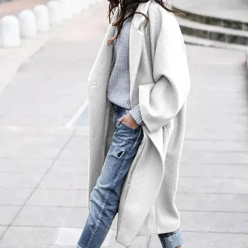 Lapel Single Breasted Women Winter Solid Woolen Trench Coat Long Jacket