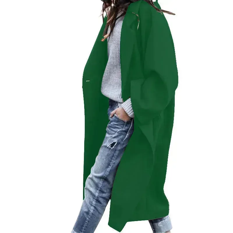 Lapel Single Breasted Women Winter Solid Woolen Trench Coat Long Jacket