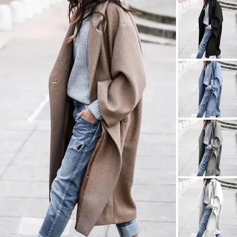 Lapel Single Breasted Women Winter Solid Woolen Trench Coat Long Jacket