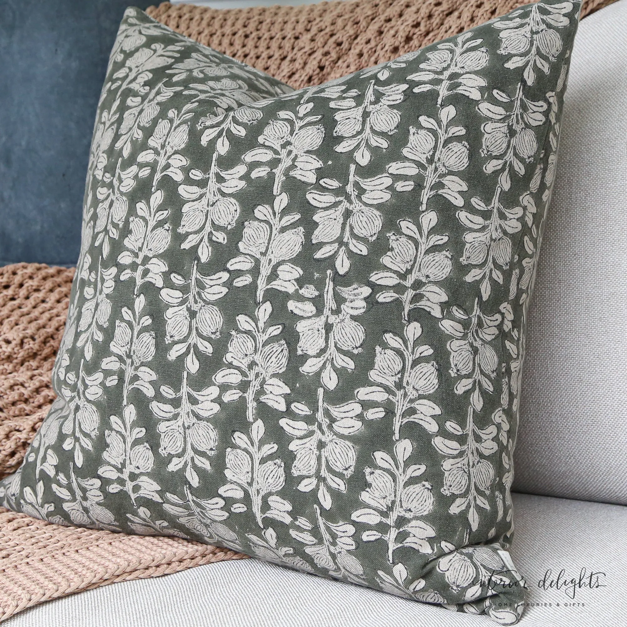 Leaf Block Print Linen Pillow- Square