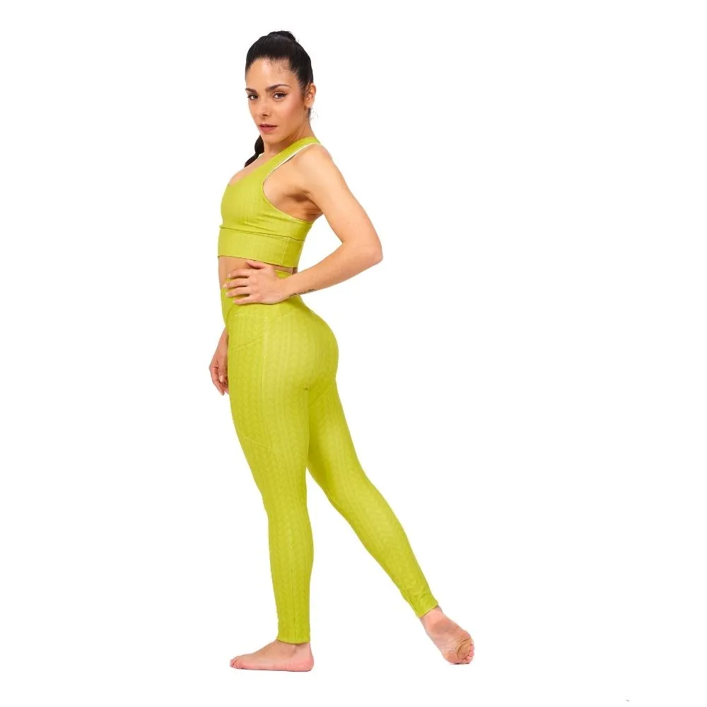 Lime Green High Waisted Crossover Leggings with Pockets