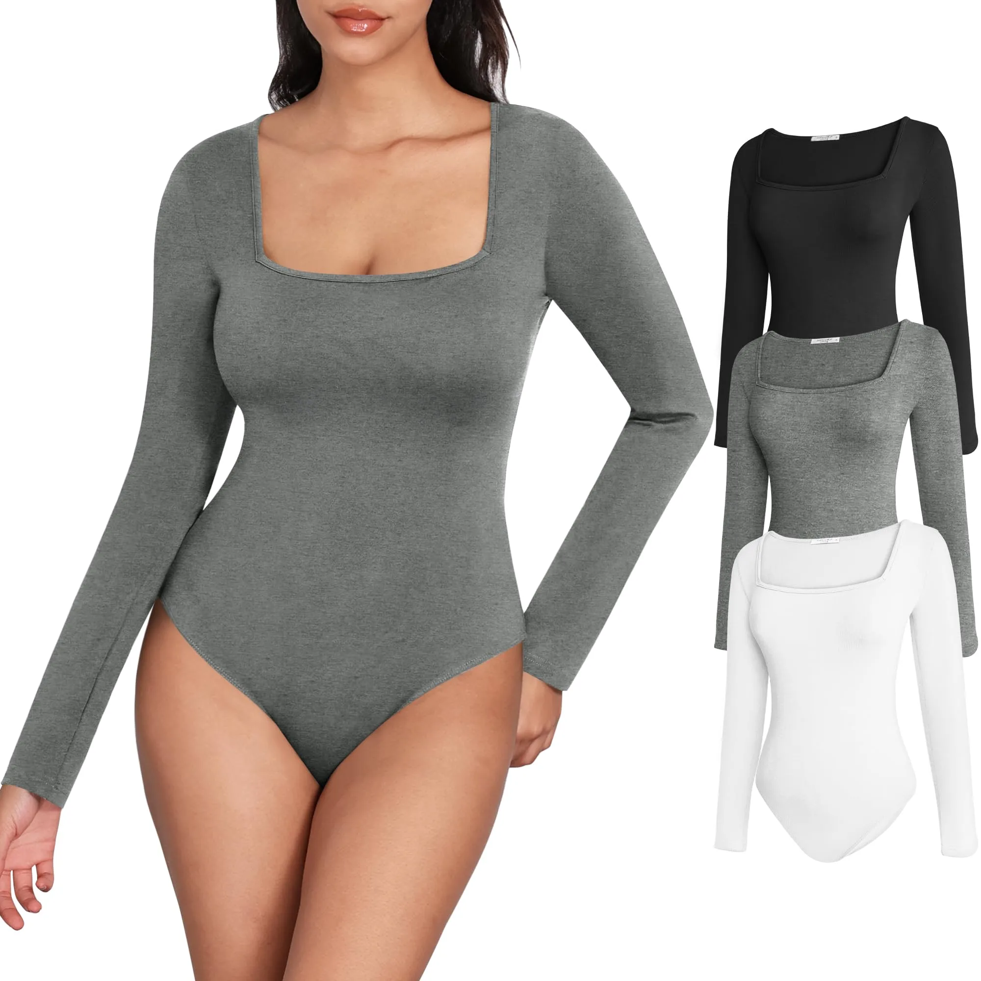 MANGOPOP Women's Bodysuit Square Neck Long Sleeve Tops 3 pcs