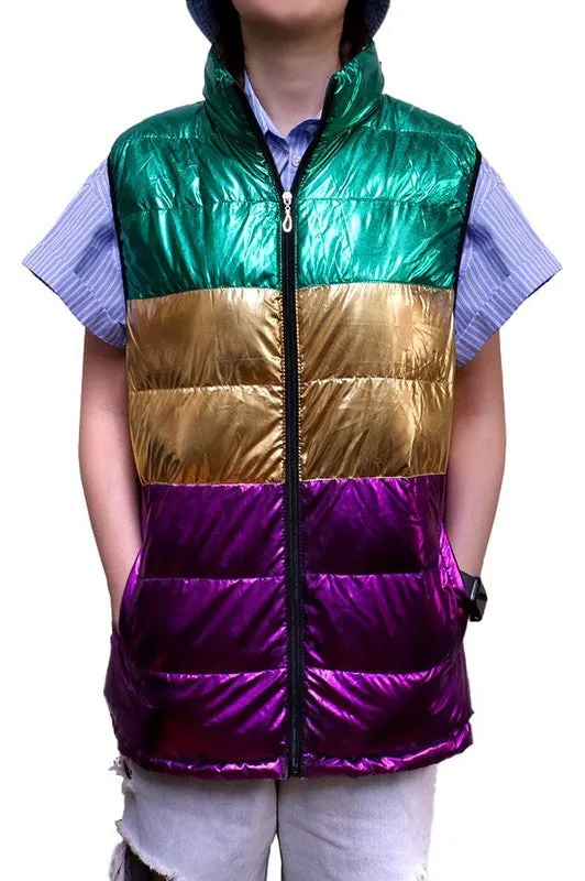 Mardi Gras Color Block Puffer Vest