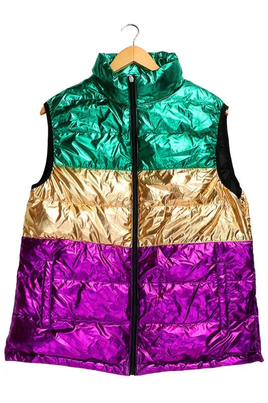 Mardi Gras Color Block Puffer Vest