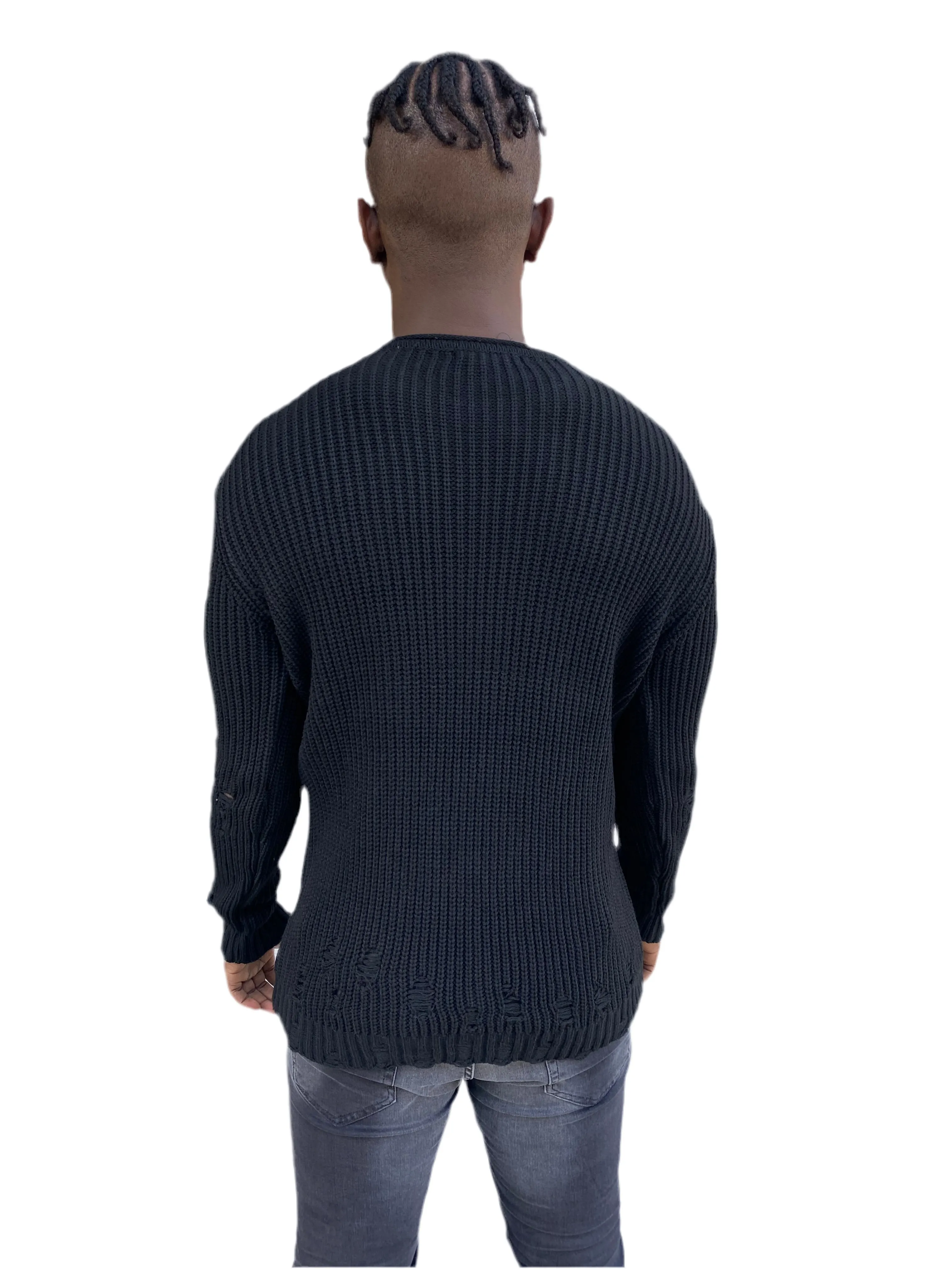 [Marvin] Black Distressed Light  Weight Knitted Crew Neck