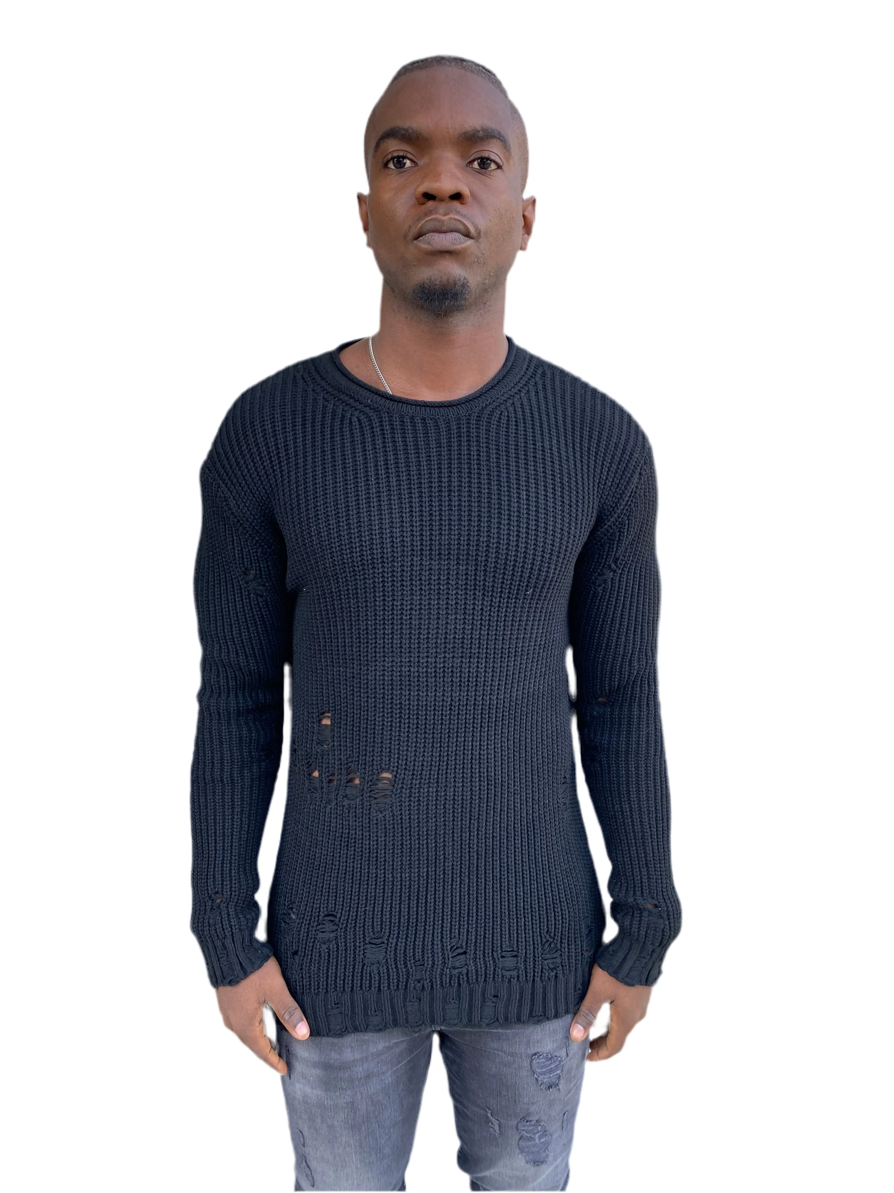 [Marvin] Black Distressed Light  Weight Knitted Crew Neck