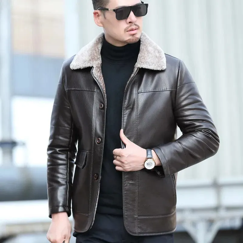 Natural Leather Men's Sheepskin Casual Lapel Mid Length Down Jacket