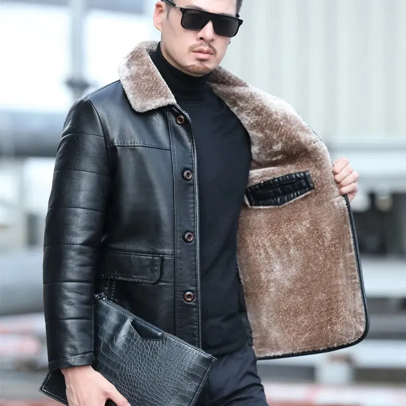 Natural Leather Men's Sheepskin Casual Lapel Mid Length Down Jacket