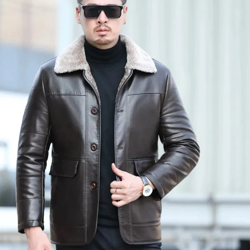 Natural Leather Men's Sheepskin Casual Lapel Mid Length Down Jacket