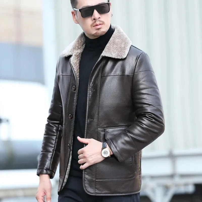 Natural Leather Men's Sheepskin Casual Lapel Mid Length Down Jacket