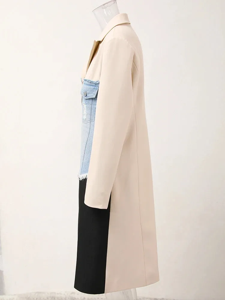 New! Denim Elegance Beige Long Coat for Women