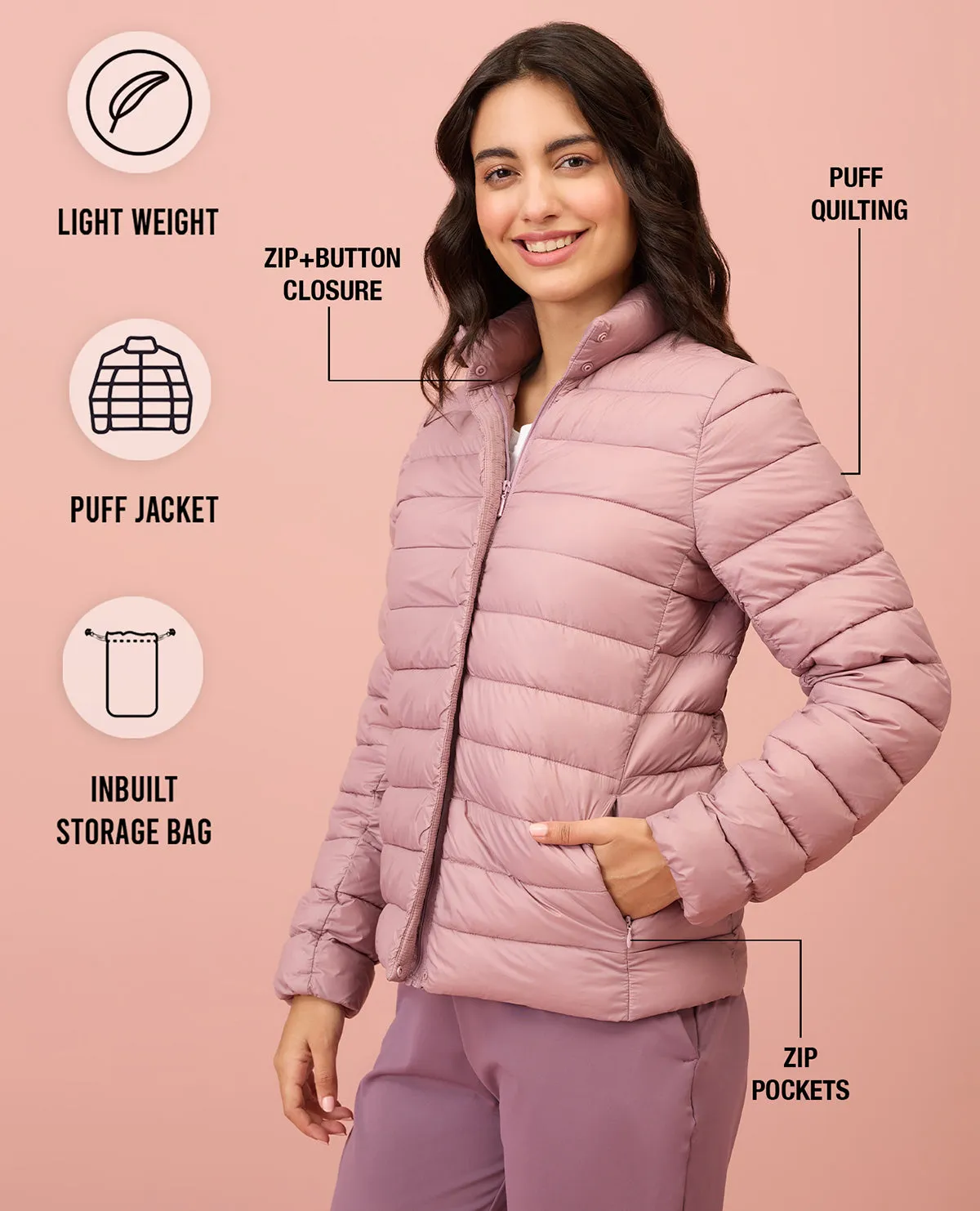 NYKD By Nykaa Ultra Light Weight Puffer Jacket with Inbuilt Bag (Set of 2)-NYAT405-Blush