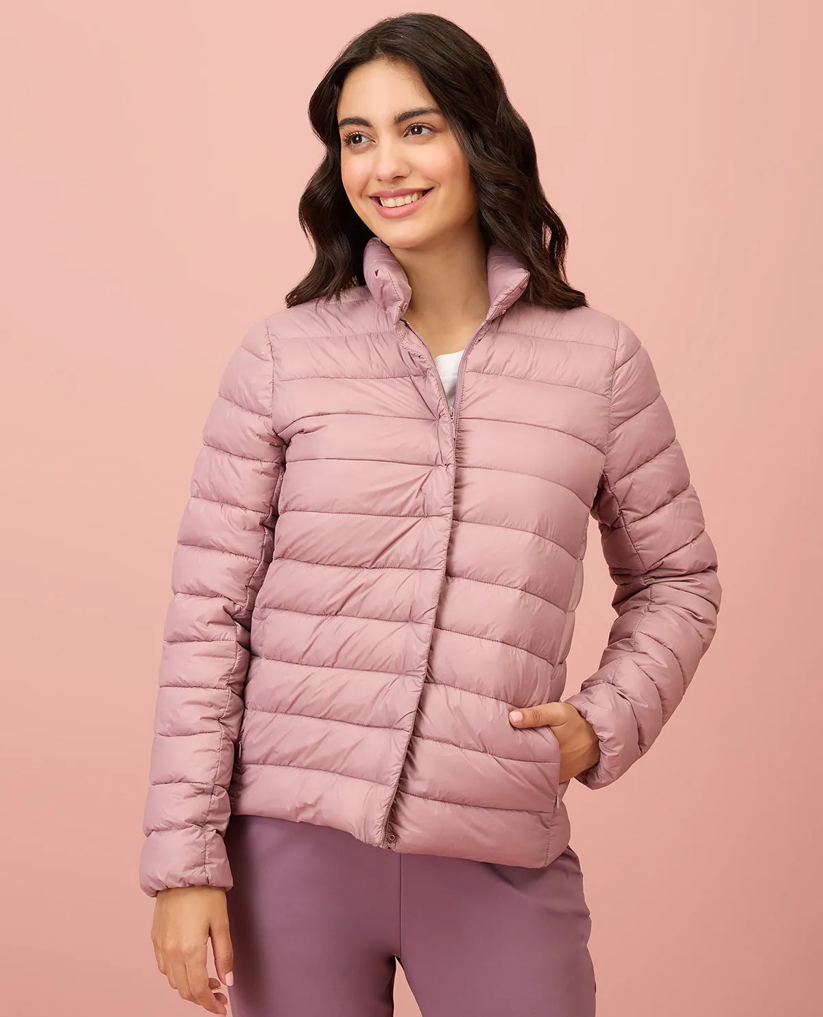 NYKD By Nykaa Ultra Light Weight Puffer Jacket with Inbuilt Bag (Set of 2)-NYAT405-Blush