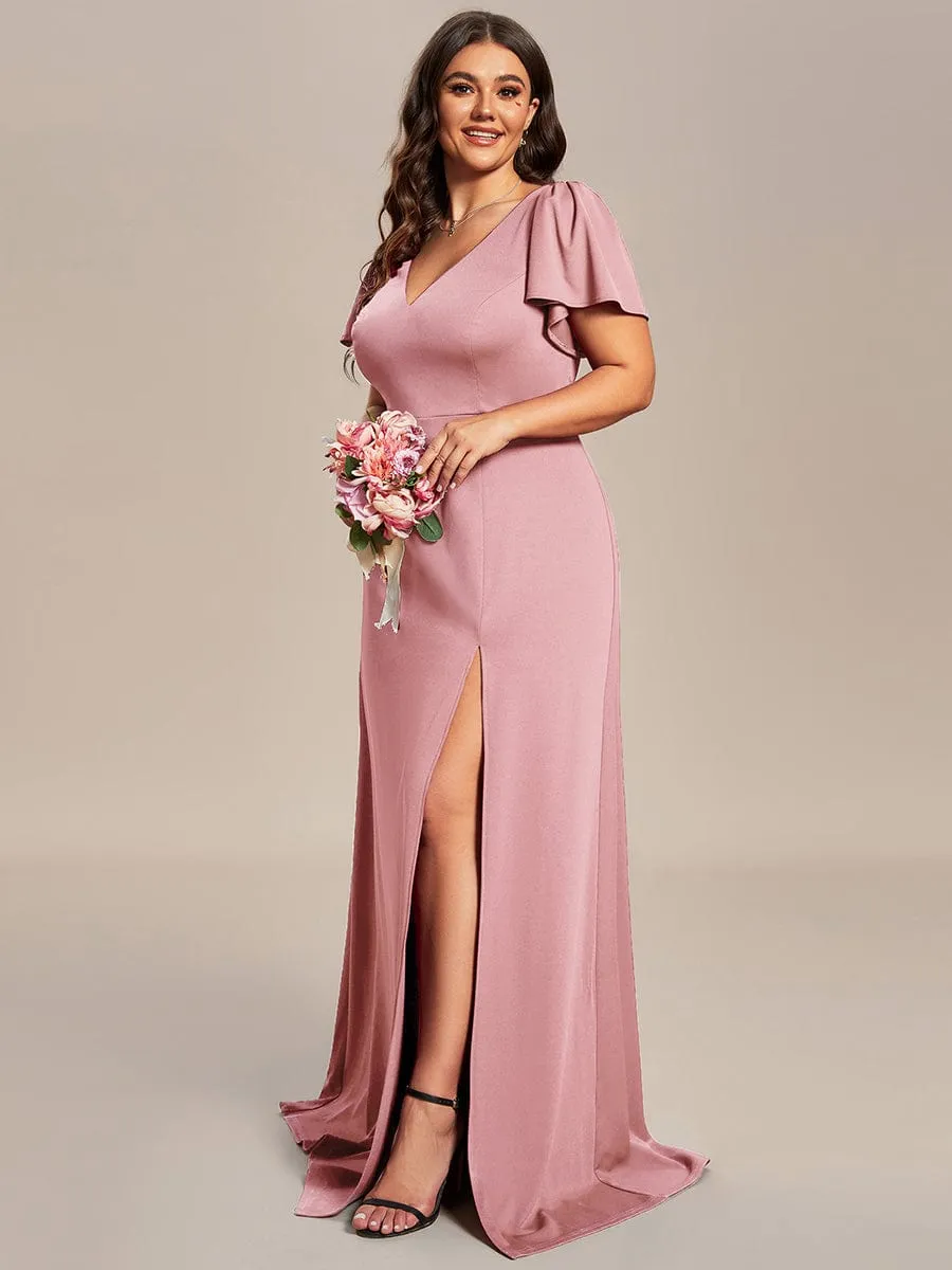 Plus Size Elegant V-Neck High Slit Bridesmaid Dress with Short Ruffle Sleeves