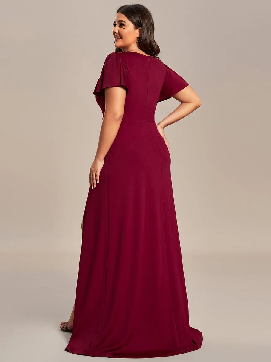 Plus Size Elegant V-Neck High Slit Bridesmaid Dress with Short Ruffle Sleeves