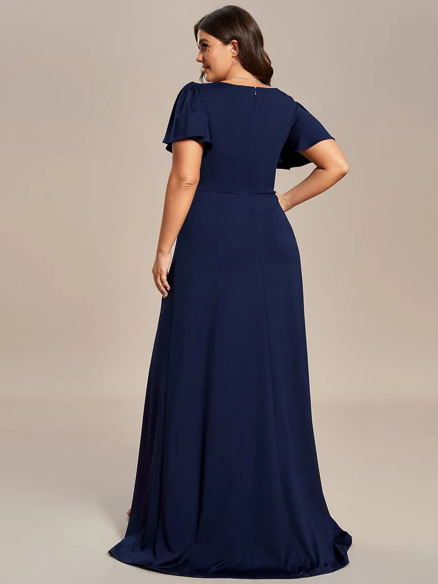 Plus Size Elegant V-Neck High Slit Bridesmaid Dress with Short Ruffle Sleeves