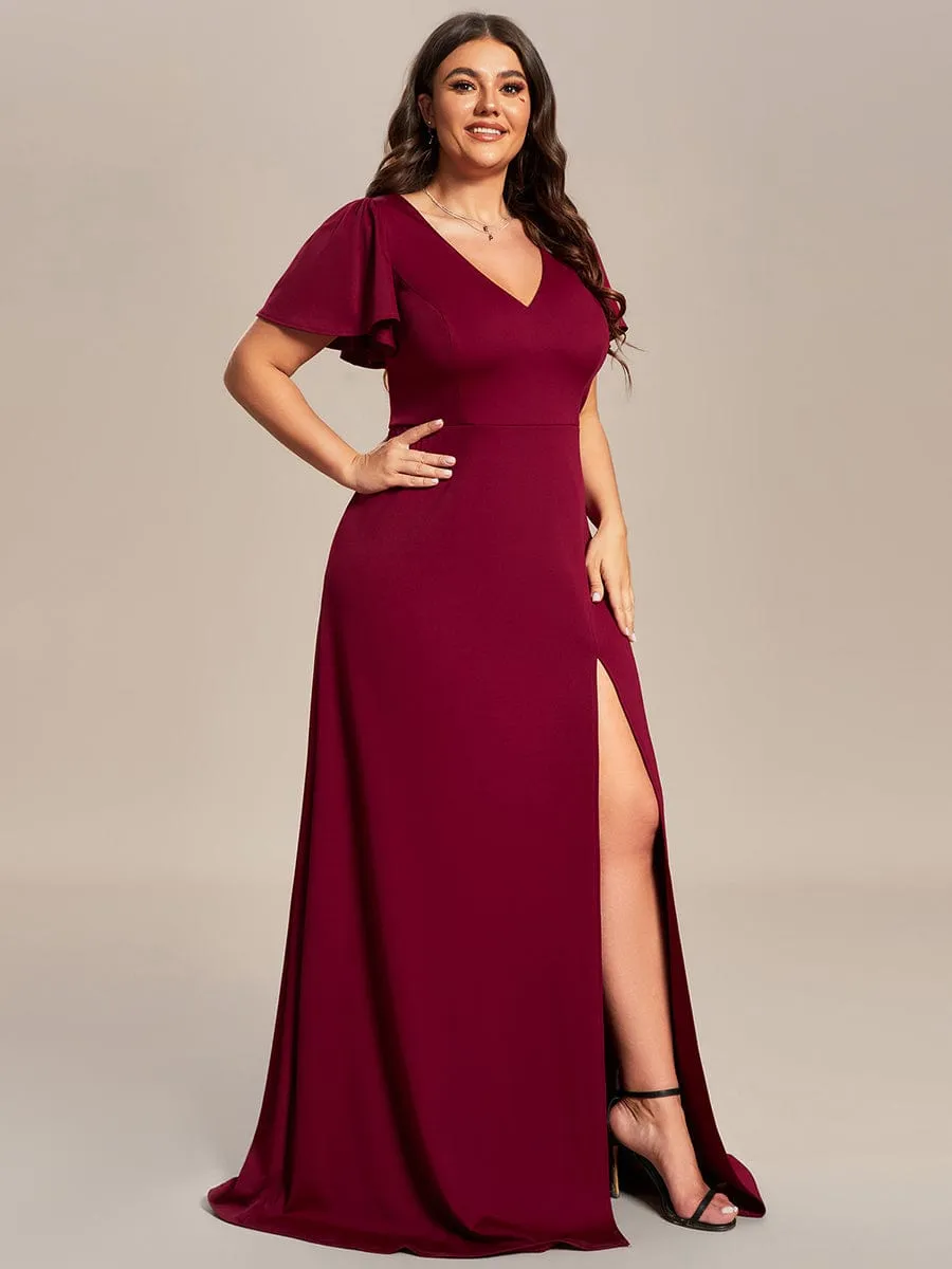 Plus Size Elegant V-Neck High Slit Bridesmaid Dress with Short Ruffle Sleeves