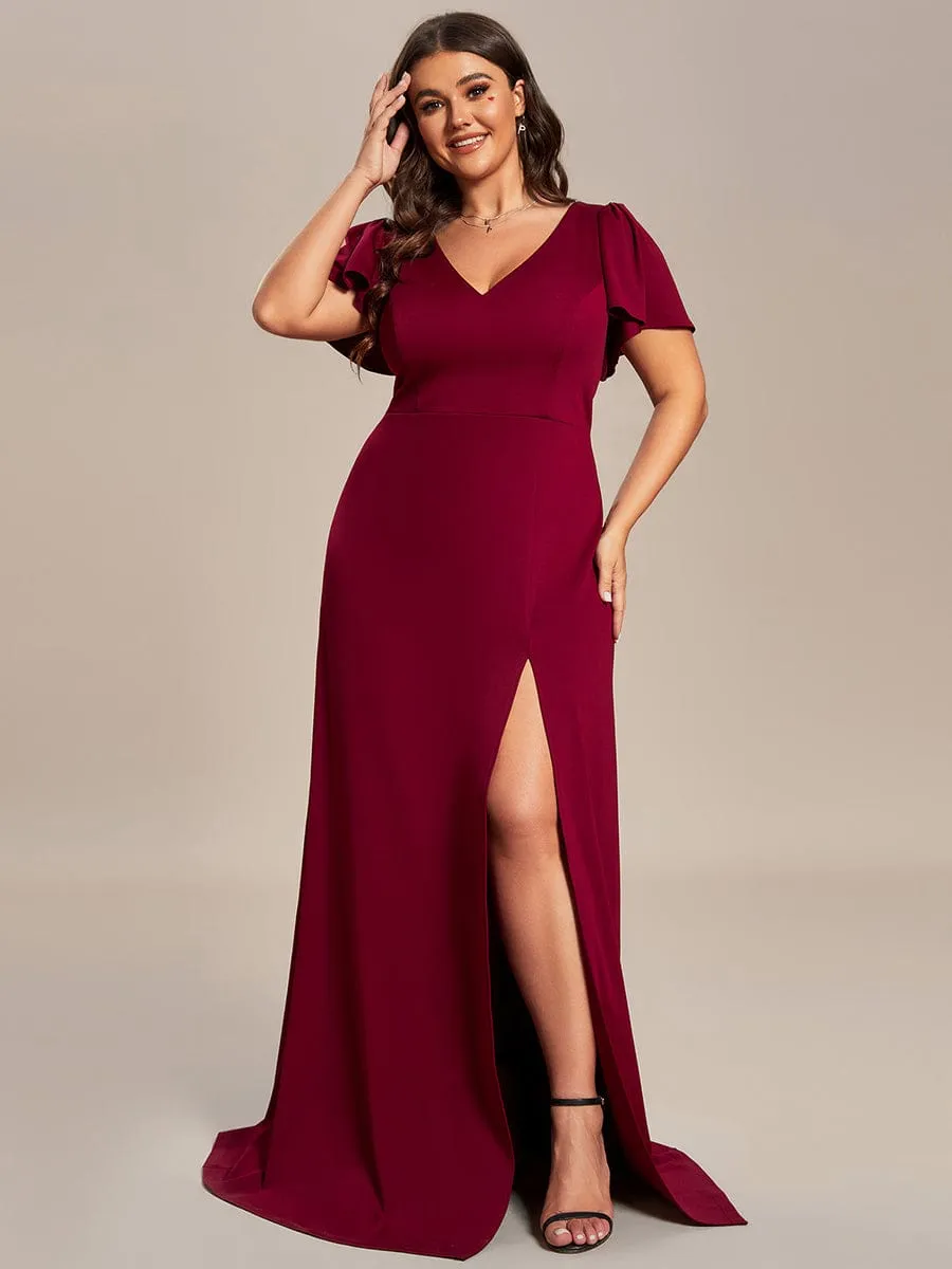 Plus Size Elegant V-Neck High Slit Bridesmaid Dress with Short Ruffle Sleeves