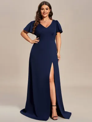 Plus Size Elegant V-Neck High Slit Bridesmaid Dress with Short Ruffle Sleeves