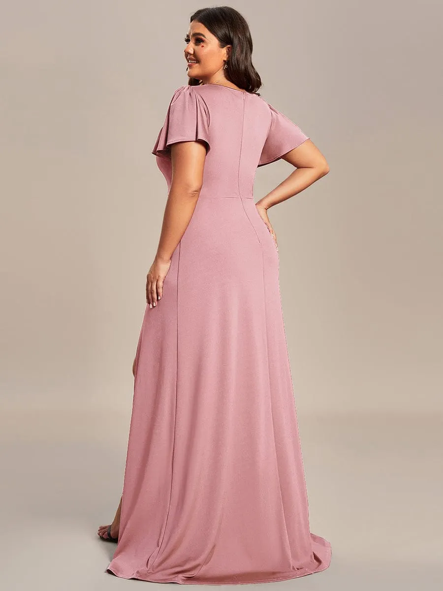 Plus Size Elegant V-Neck High Slit Bridesmaid Dress with Short Ruffle Sleeves