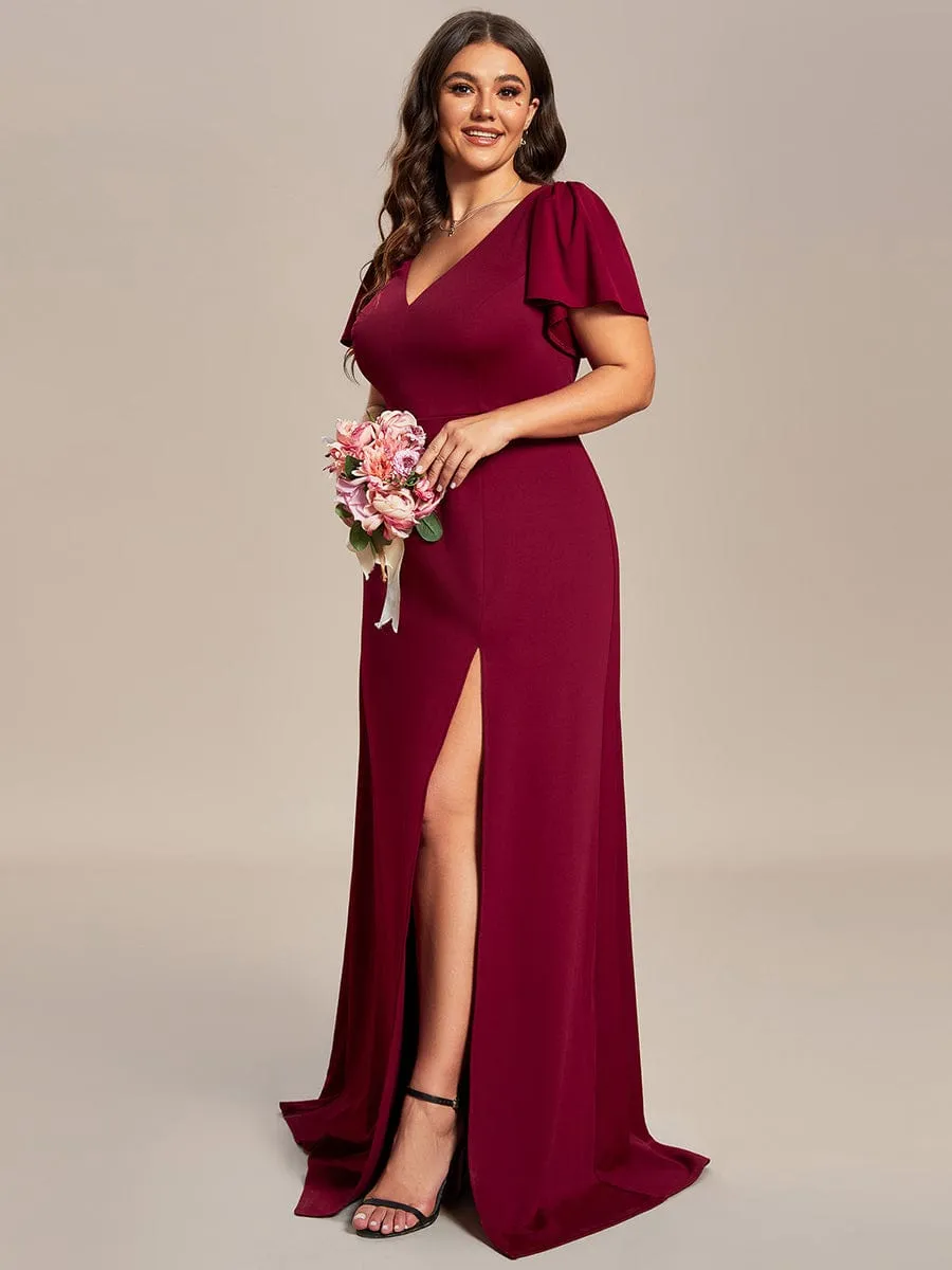 Plus Size Elegant V-Neck High Slit Bridesmaid Dress with Short Ruffle Sleeves