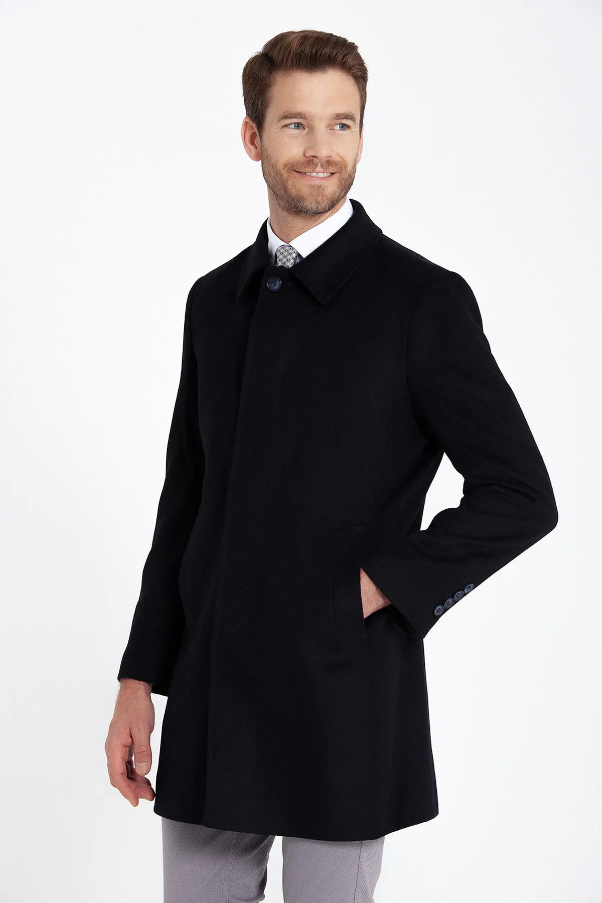 Regular Fit Cachet Flat Collar Wool Blend Navy Overcoat