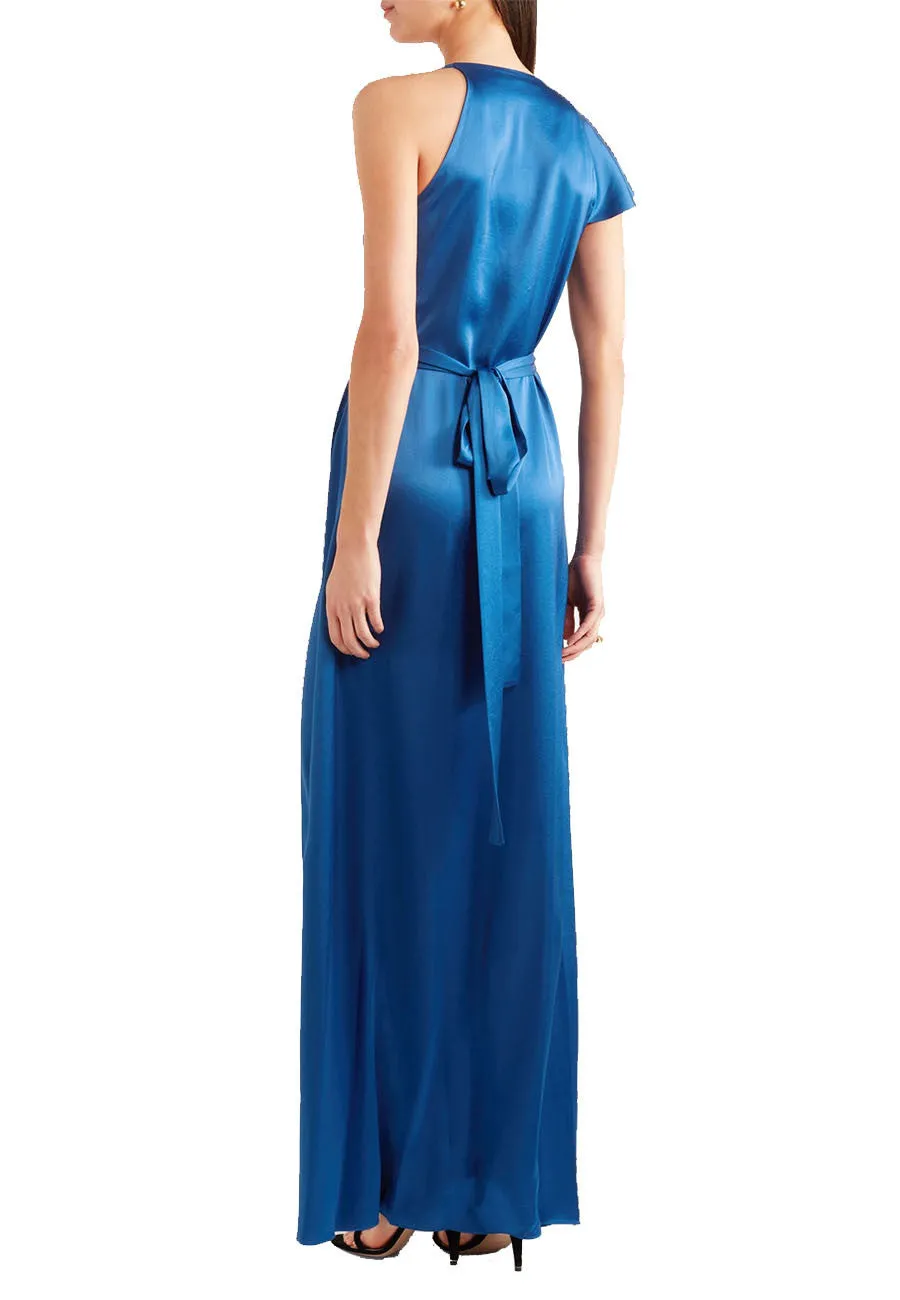 Royal Blue Ruffled Satin Wrap Maxi Dress