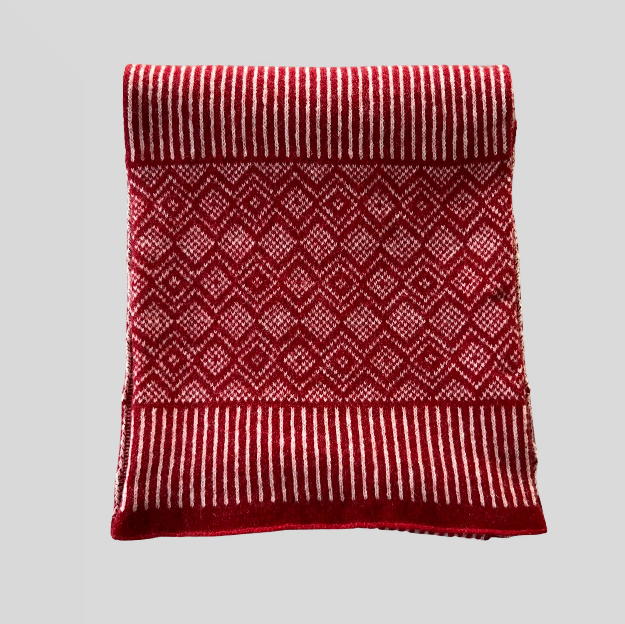 Scarf -soft merino lambswool Scandi pattern with stripes in berry red and natural white