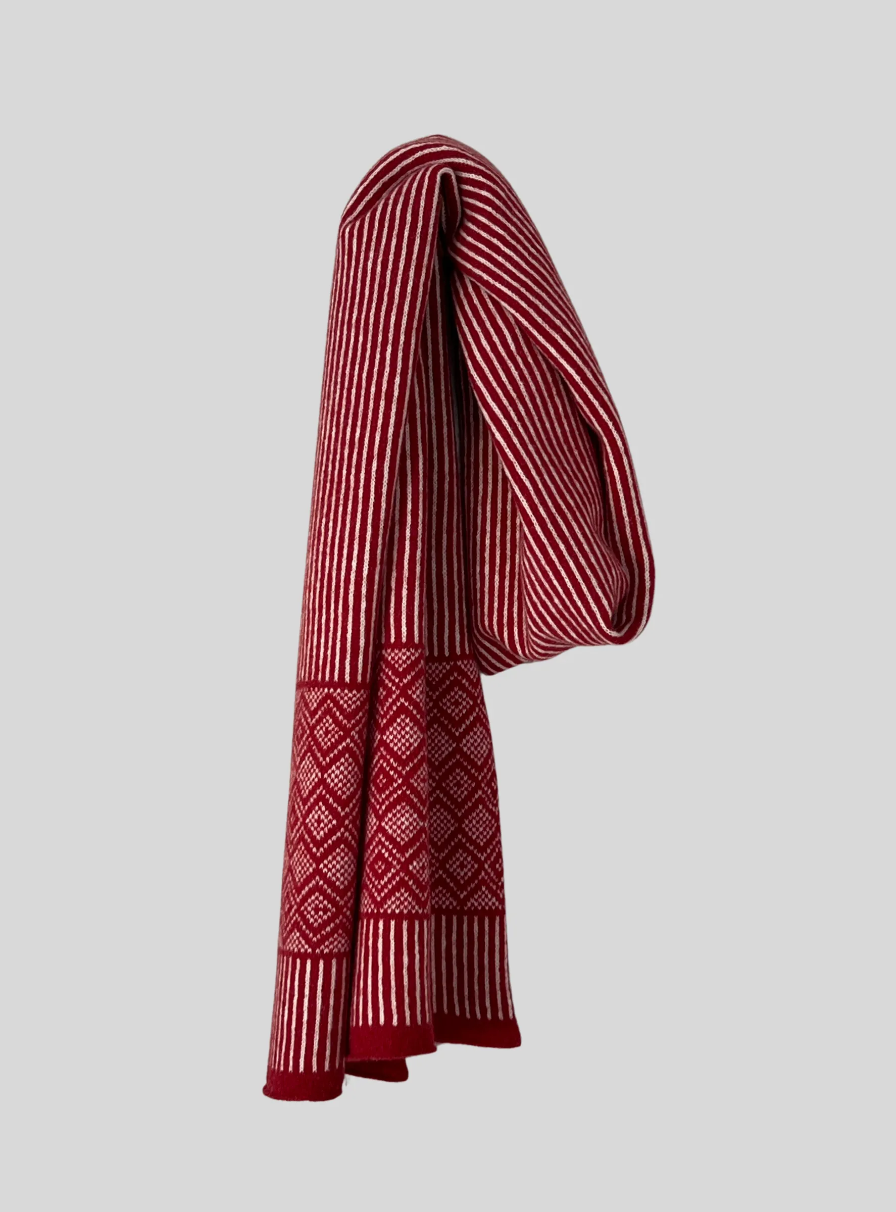 Scarf -soft merino lambswool Scandi pattern with stripes in berry red and natural white