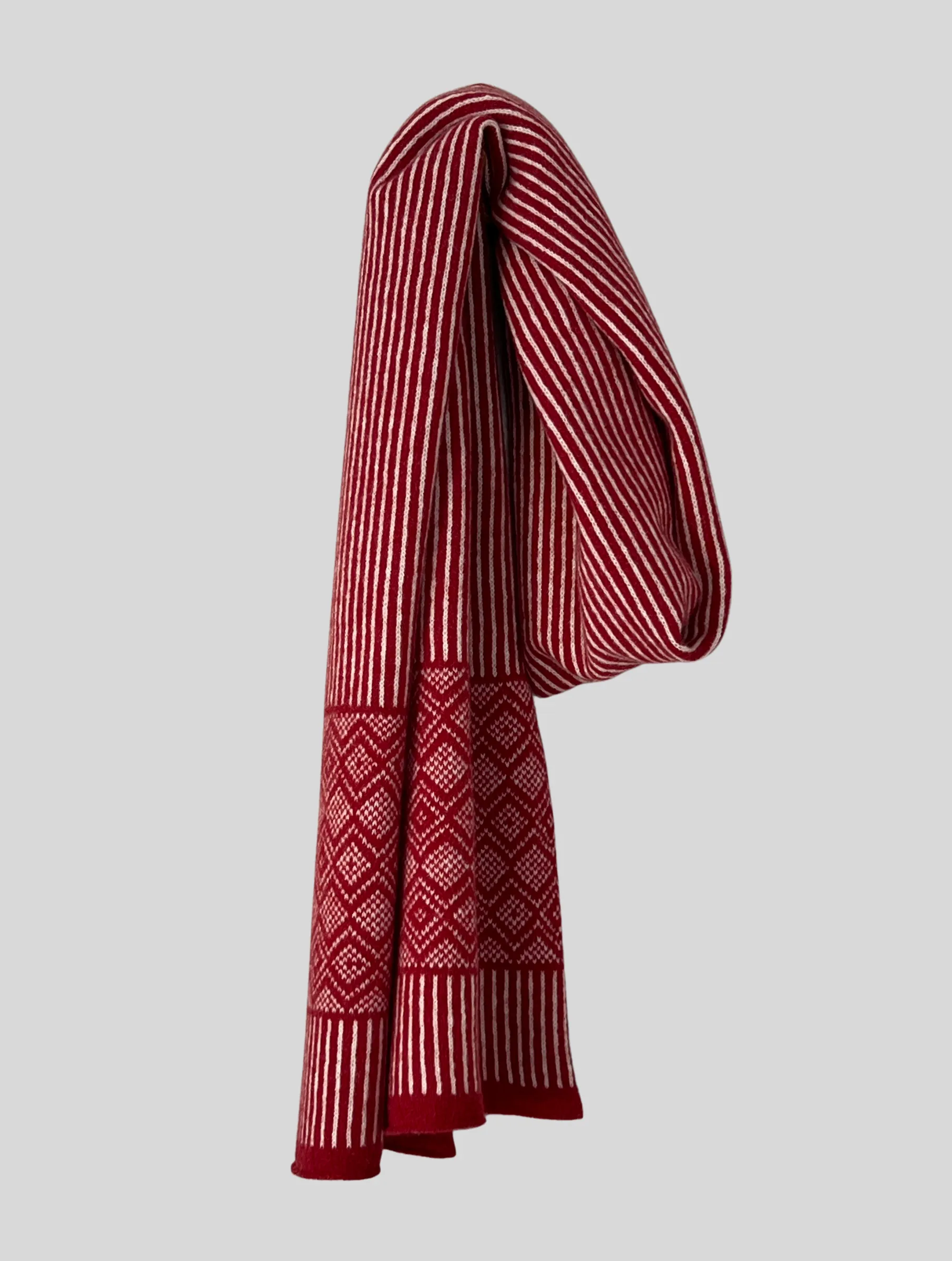 Scarf -soft merino lambswool Scandi pattern with stripes in berry red and natural white