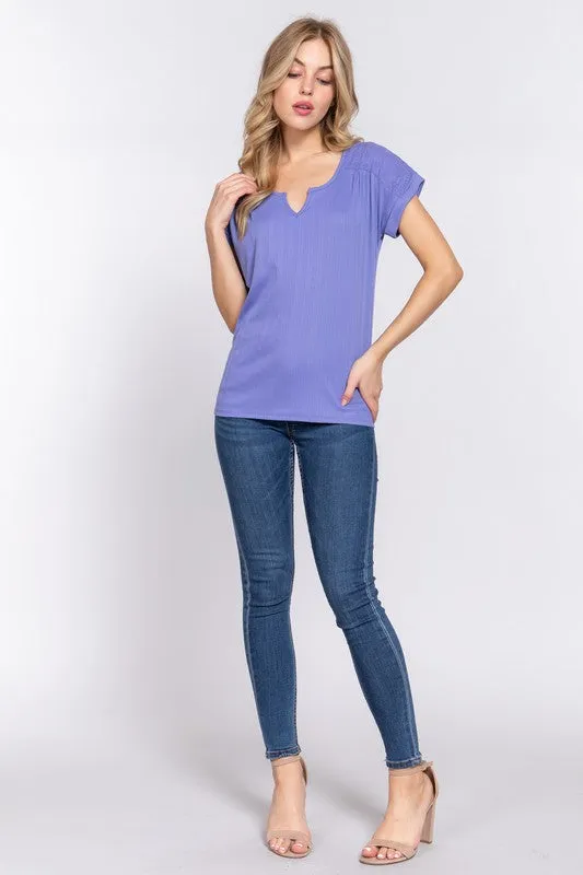 Short Dolman Sleeve Round Neck with Back Lace Yoke Knit Top