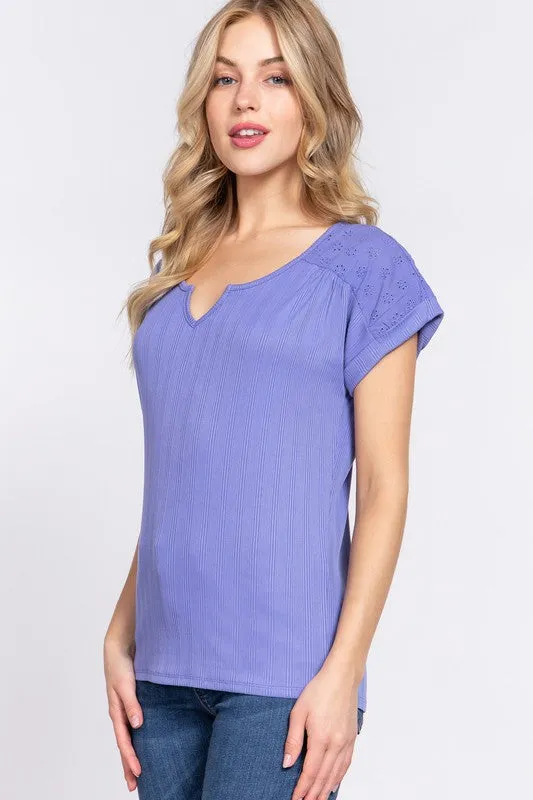 Short Dolman Sleeve Round Neck with Back Lace Yoke Knit Top