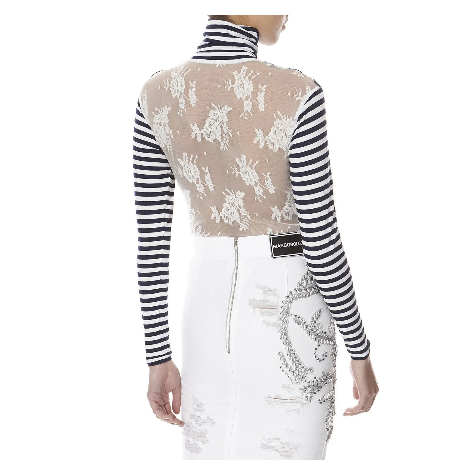 STRIPED TURTLENECK TOP WITH LACE BACK