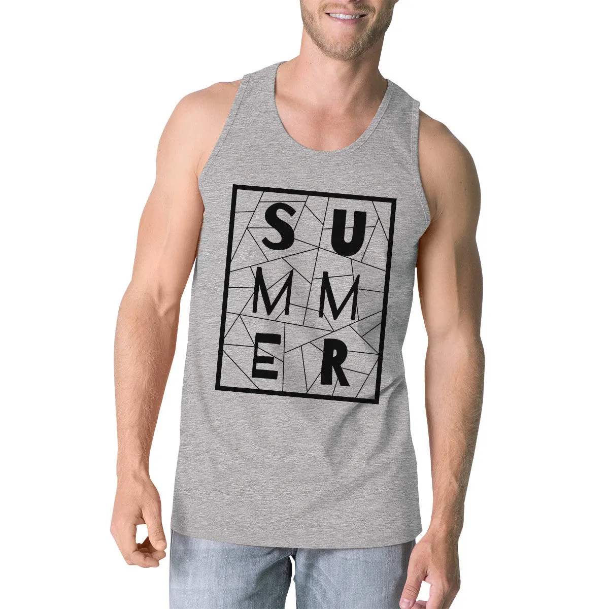 Summer Geometric Mens Grey Sleeveless Tee Trendy Lettering Tanks