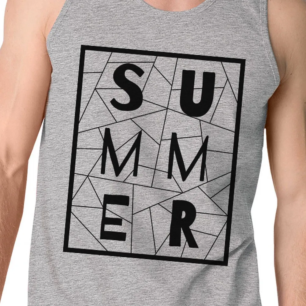 Summer Geometric Mens Grey Sleeveless Tee Trendy Lettering Tanks