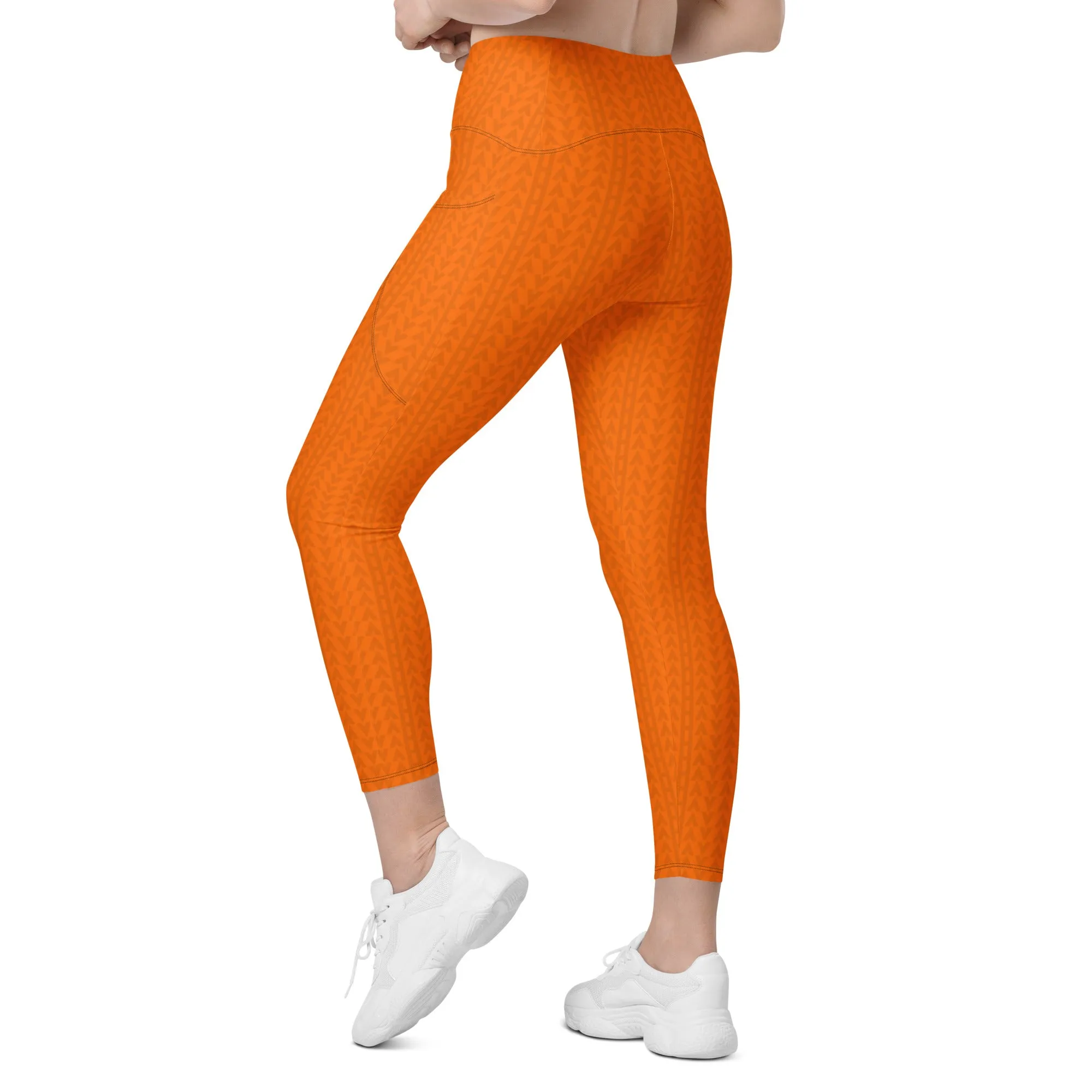 Tiger Orange High Waisted Crossover Leggings with Pockets