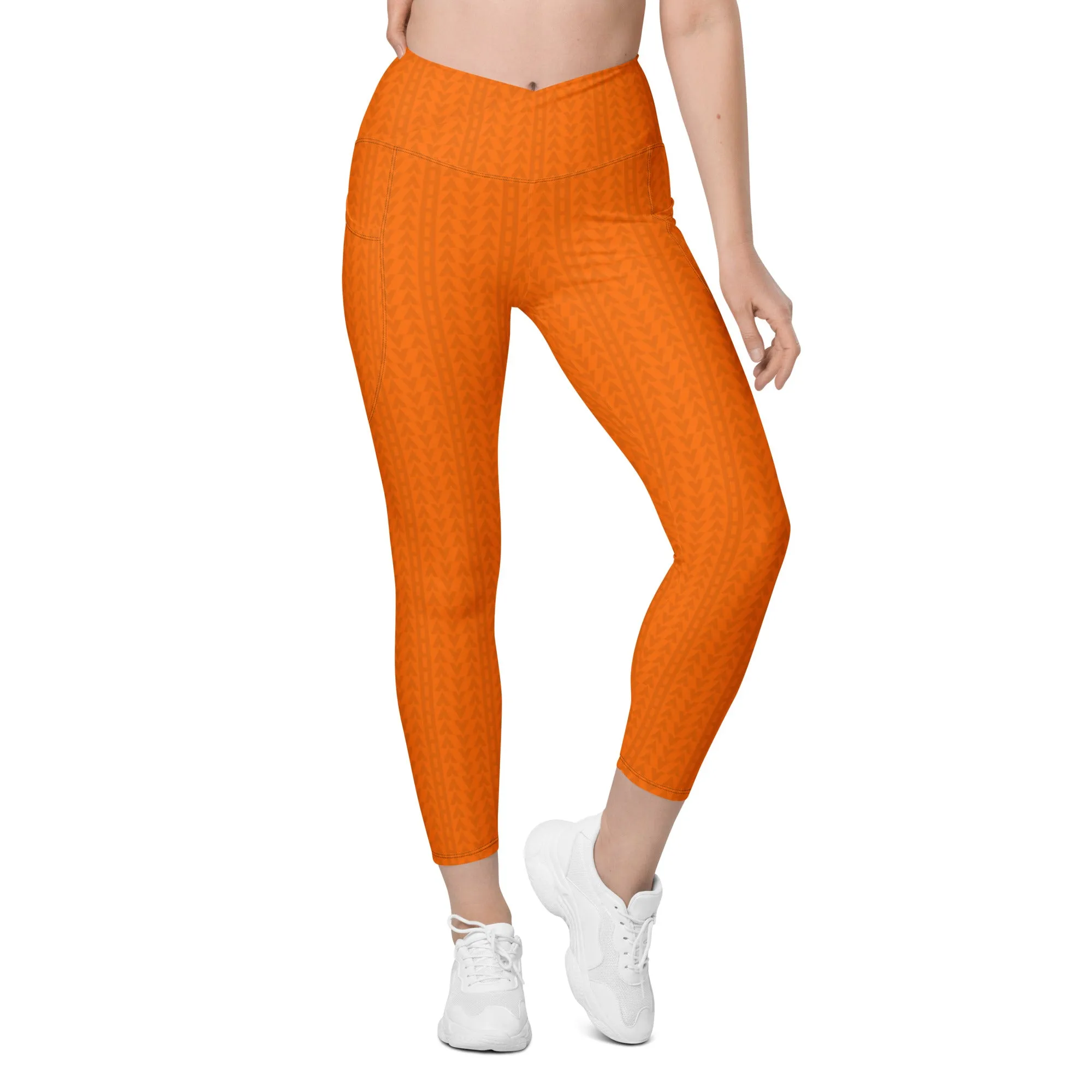 Tiger Orange High Waisted Crossover Leggings with Pockets