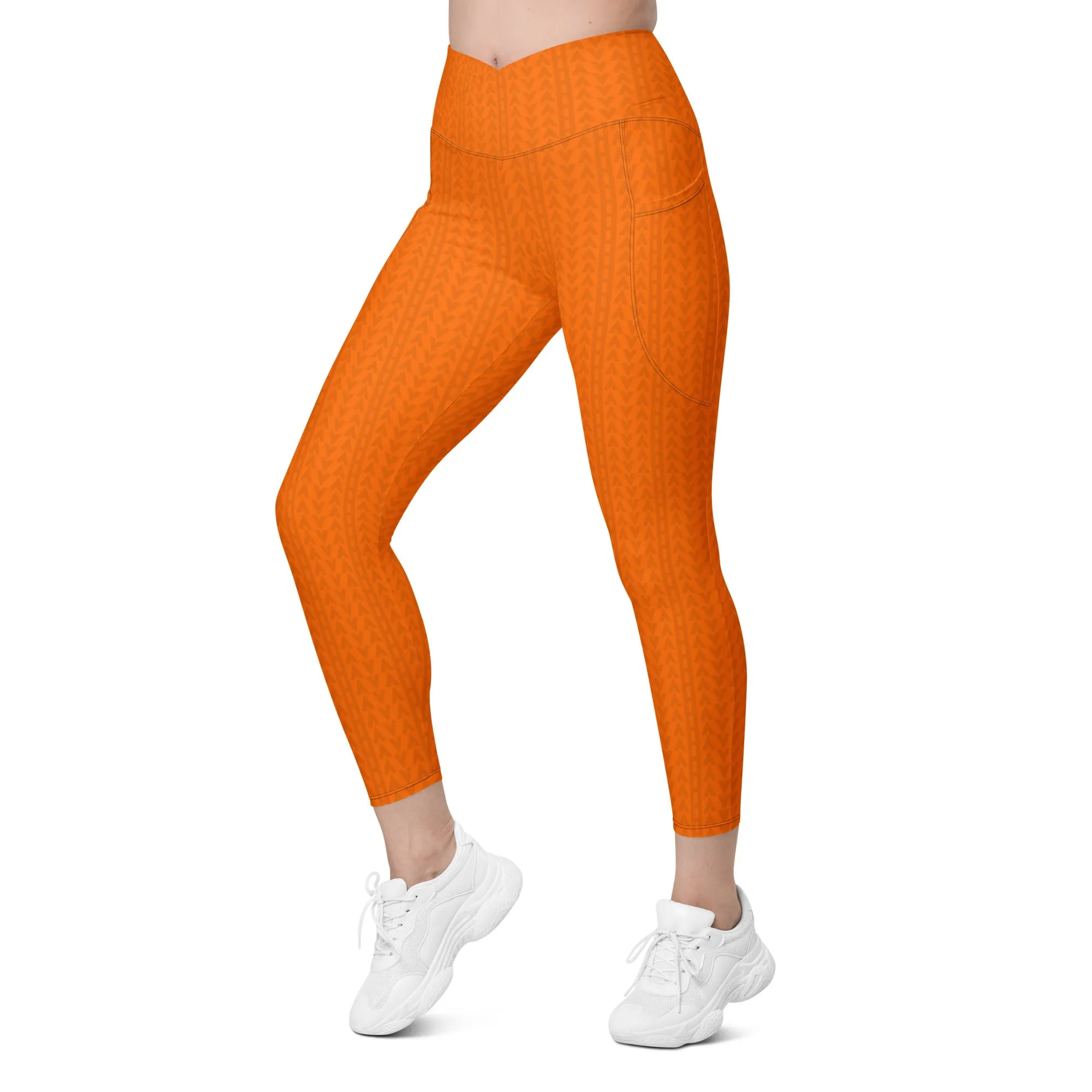 Tiger Orange High Waisted Crossover Leggings with Pockets