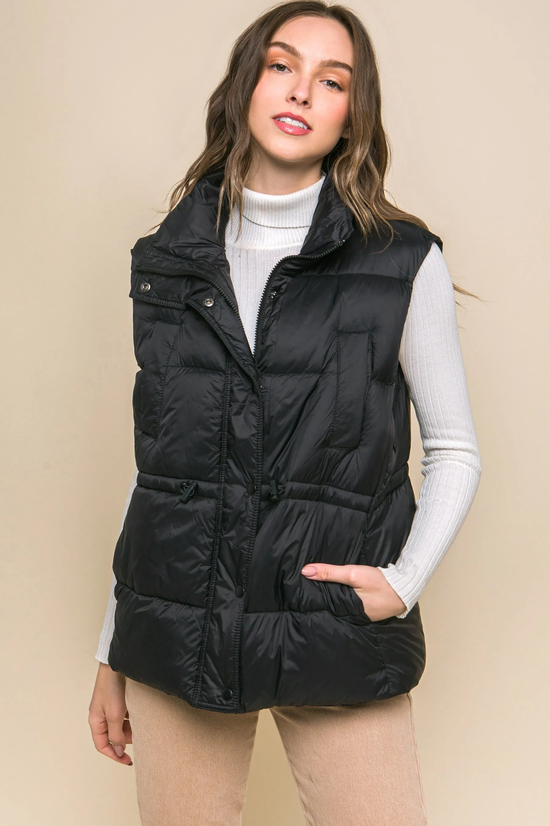 Women's Color Zip up button puffer vest with waist toggles