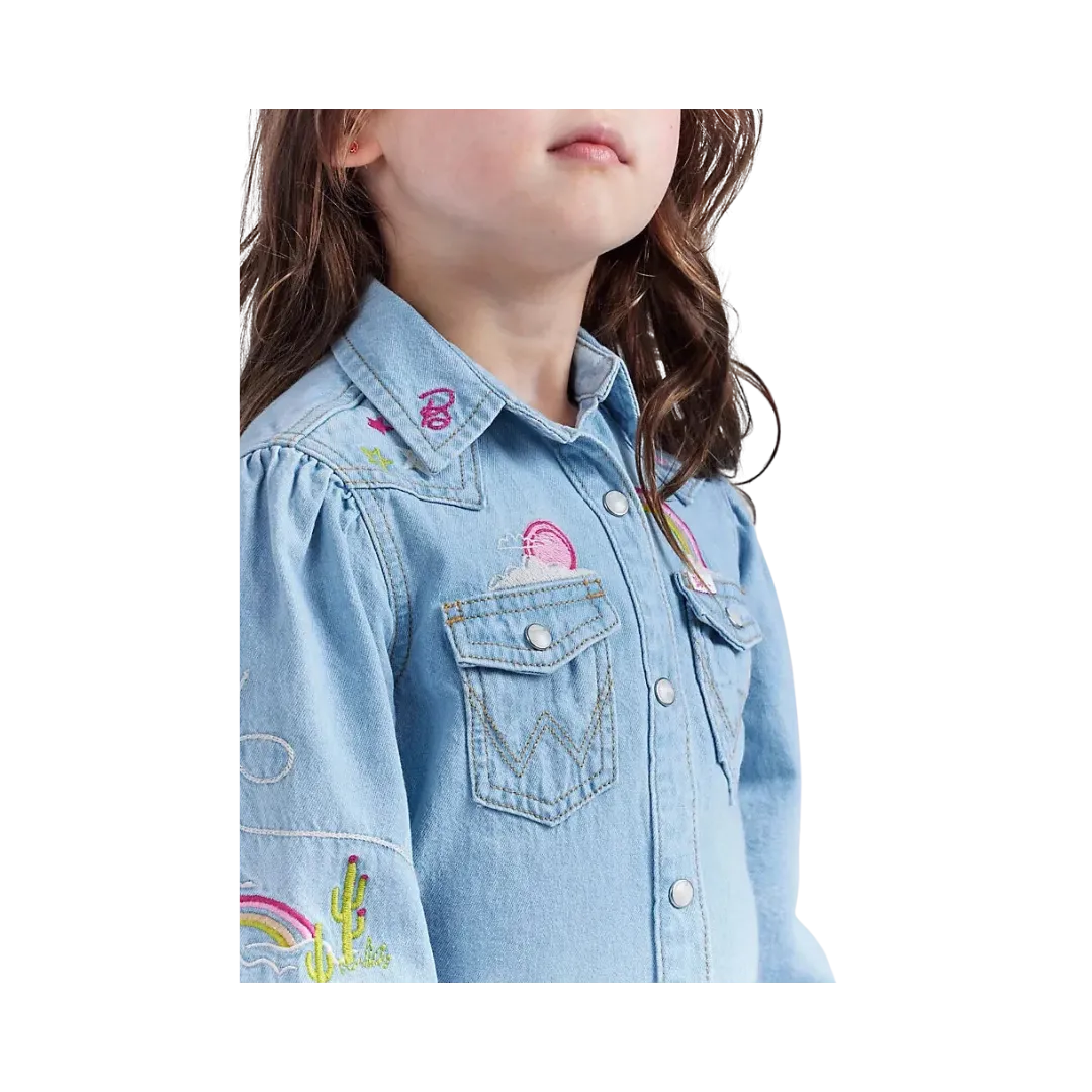 Wrangler x Barbie Girl's Balloon Sleeve Embroidered Blouse in Ken Blue