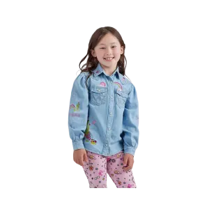 Wrangler x Barbie Girl's Balloon Sleeve Embroidered Blouse in Ken Blue