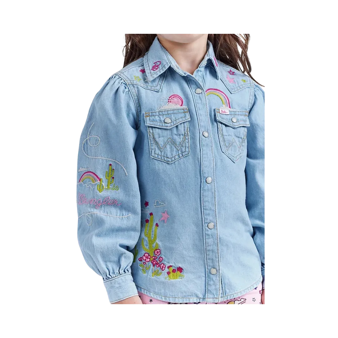 Wrangler x Barbie Girl's Balloon Sleeve Embroidered Blouse in Ken Blue