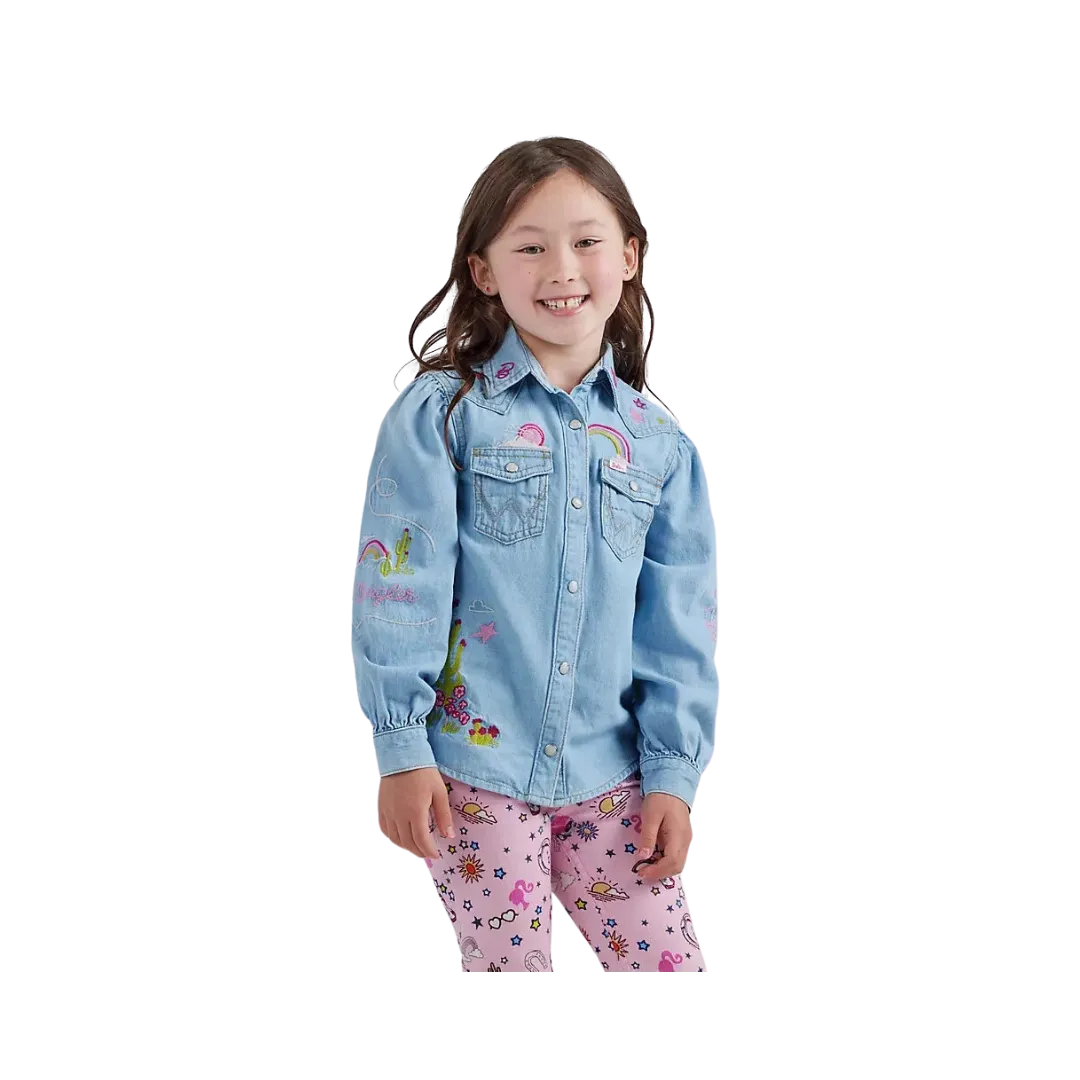 Wrangler x Barbie Girl's Balloon Sleeve Embroidered Blouse in Ken Blue