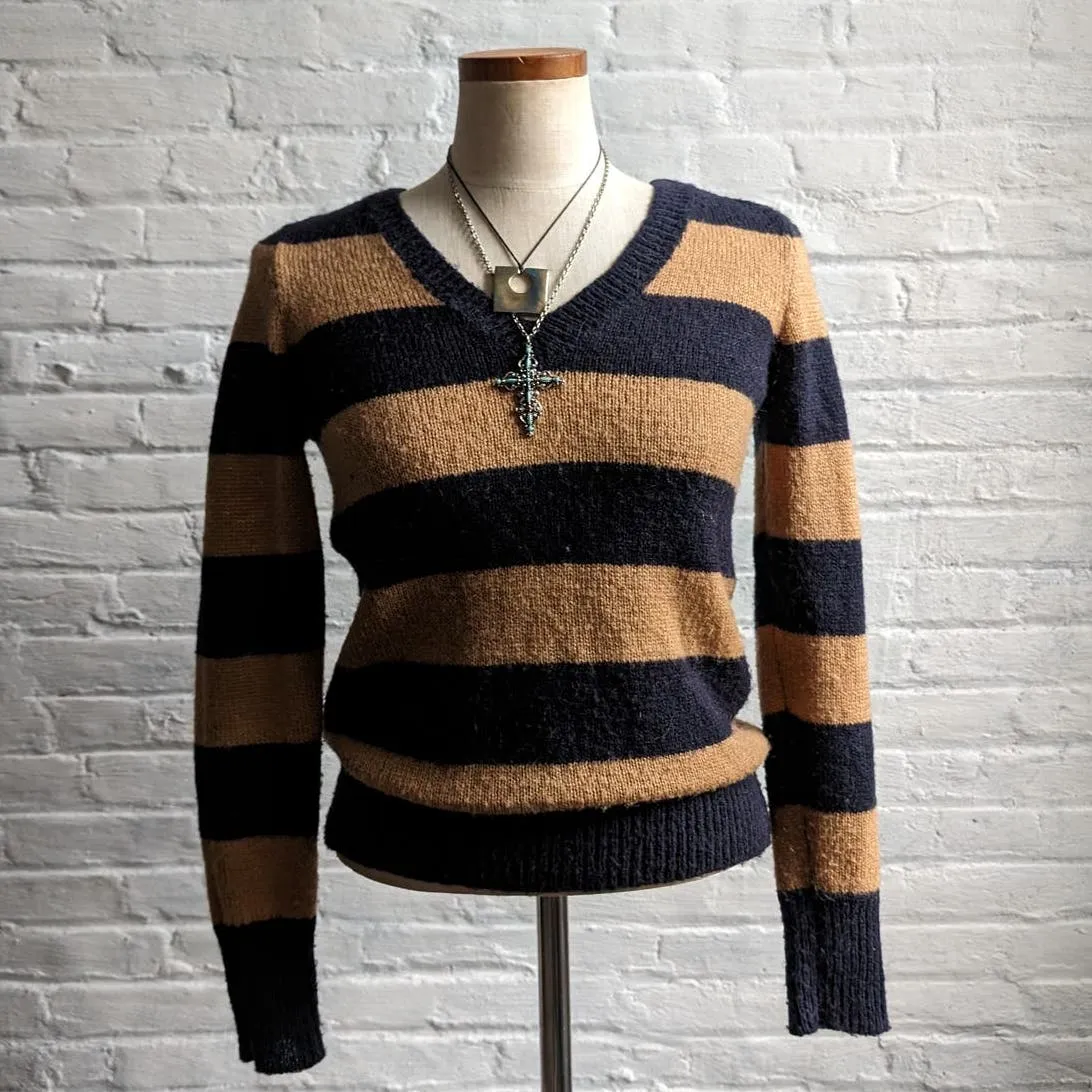 Y2K Vintage Neutral Wool Striped Chunky Knit Sweater Minimalist Boho Preppy Top