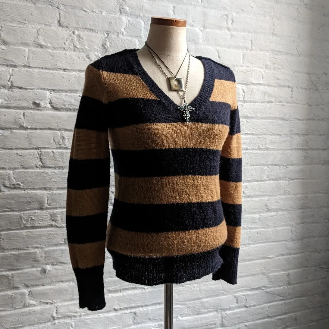 Y2K Vintage Neutral Wool Striped Chunky Knit Sweater Minimalist Boho Preppy Top